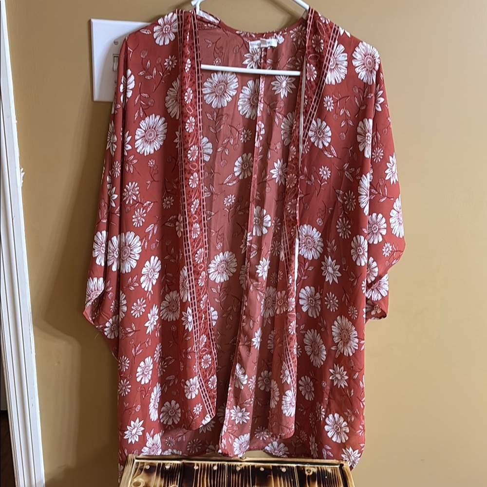 Maurices Floral Kimono Cardigan - Rust and White